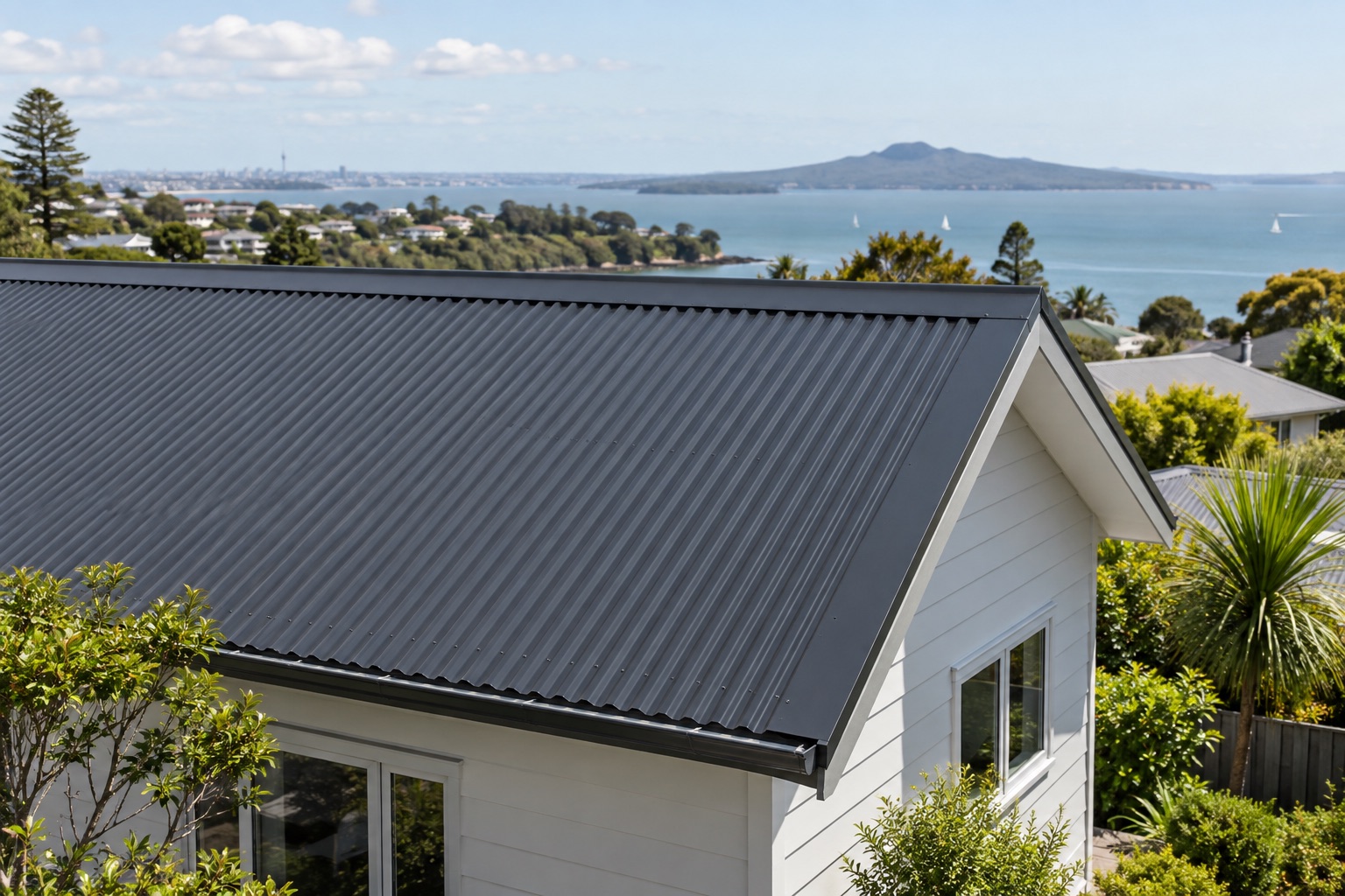 Illustrative charcoal corrugated metal roof on a coastal Auckland home