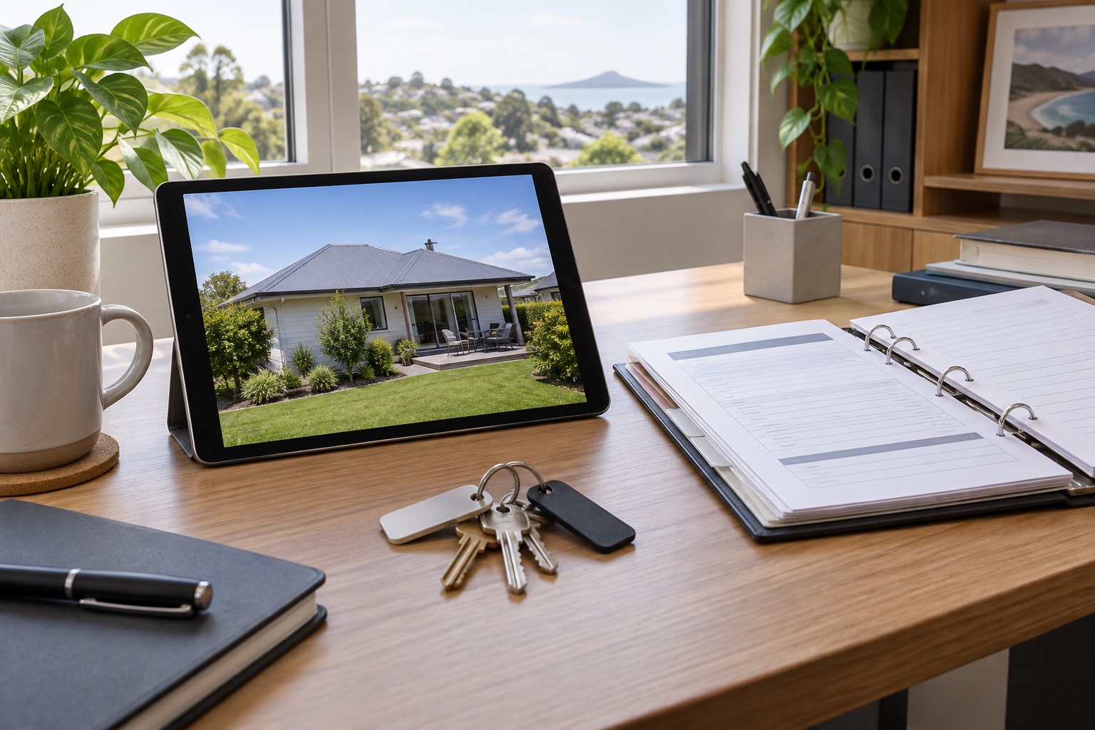 Rental property maintenance folder, tablet and house keys