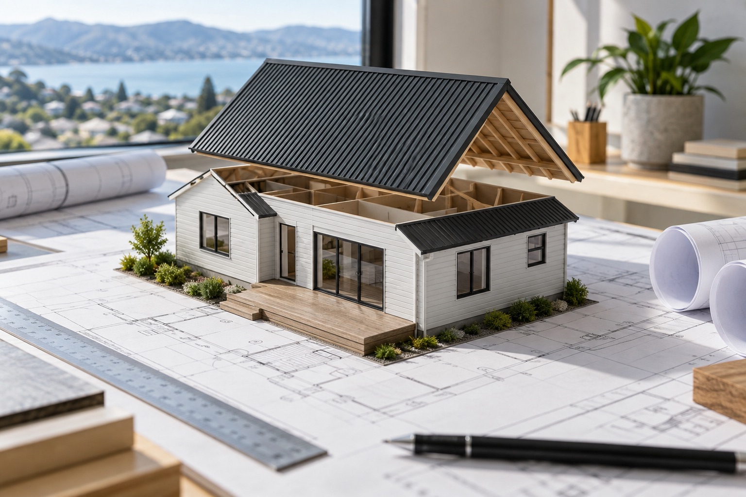 House model with removable roof over architectural plans