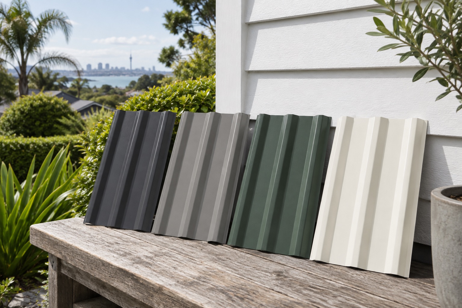 Four illustrative metal colour samples beside white weatherboards