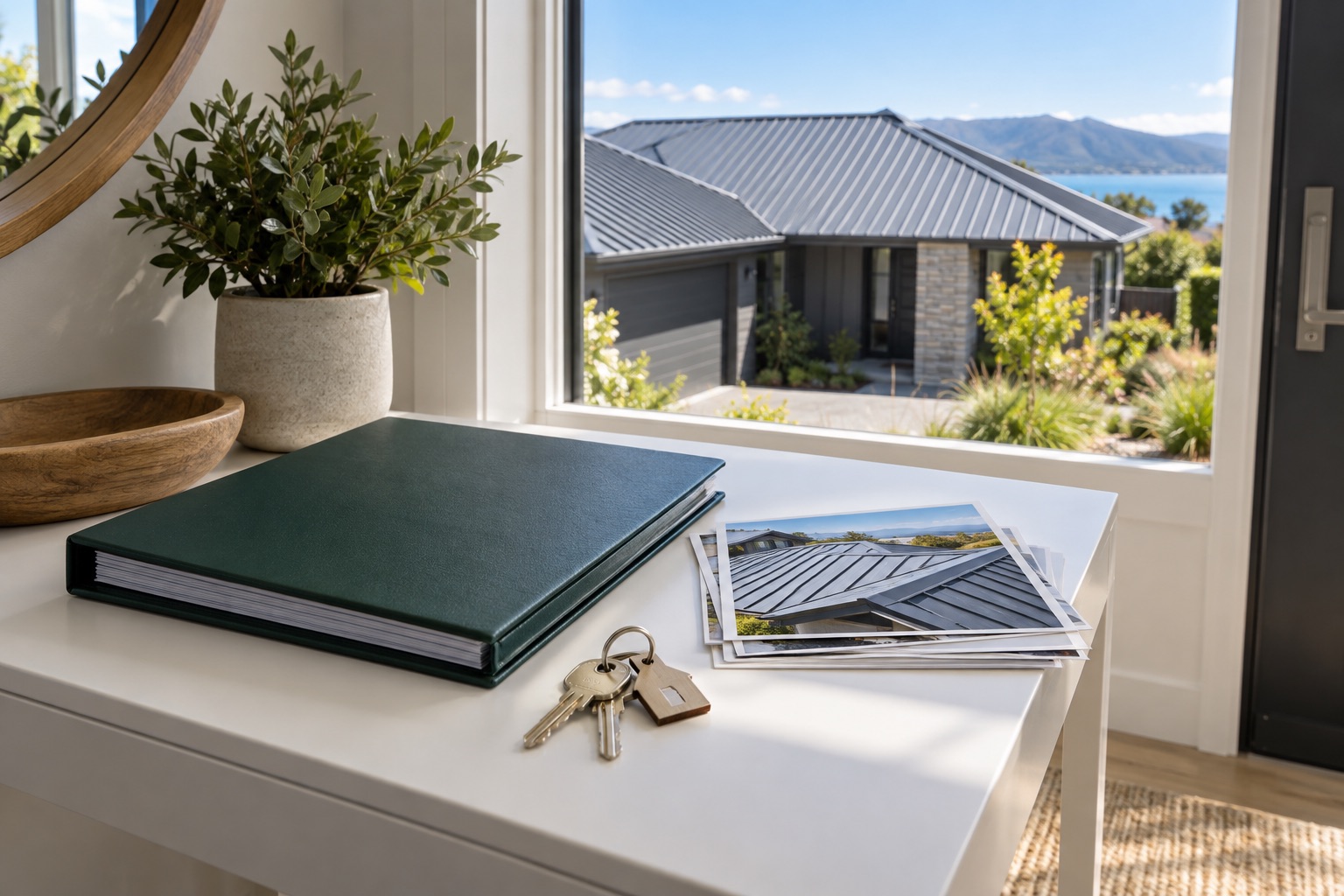 Roof handover binder, house keys and detail photographs