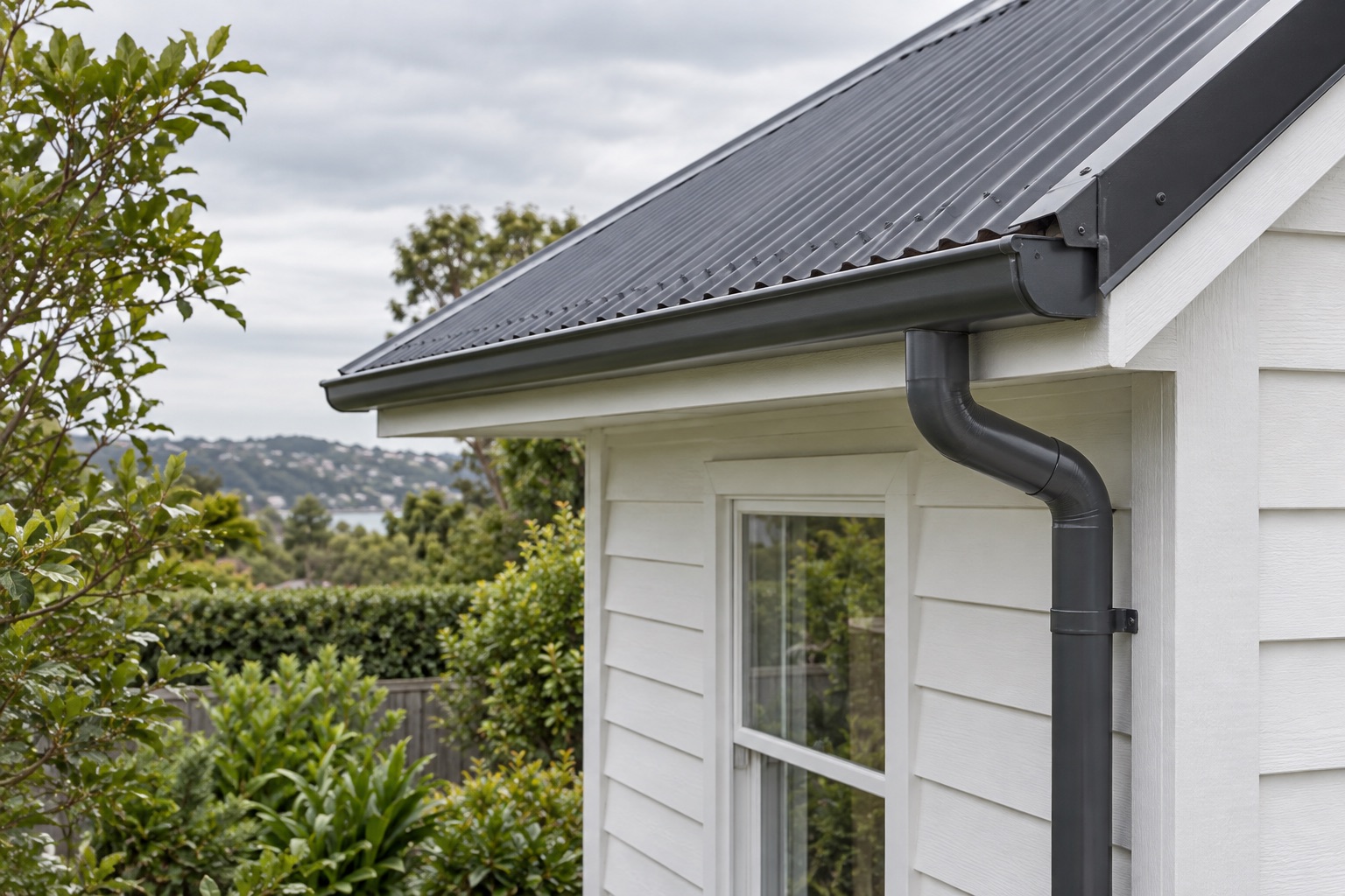 A metal roof edge with gutter and downpipe on a weatherboard house