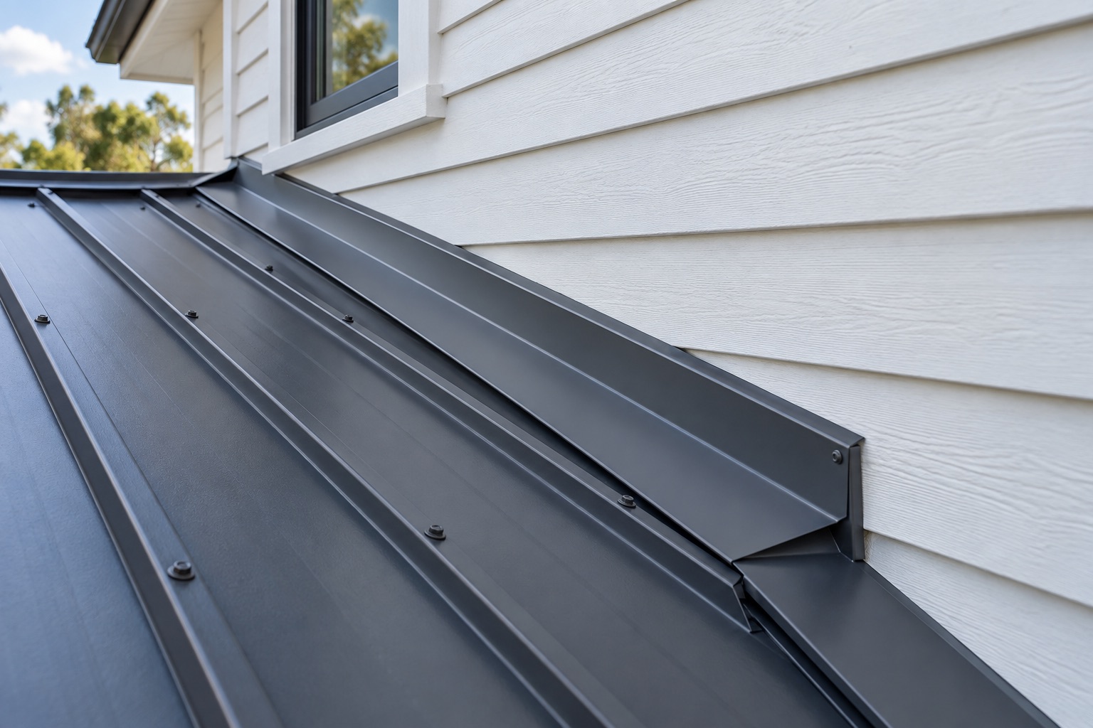 Illustrative metal roof-to-wall flashing junction