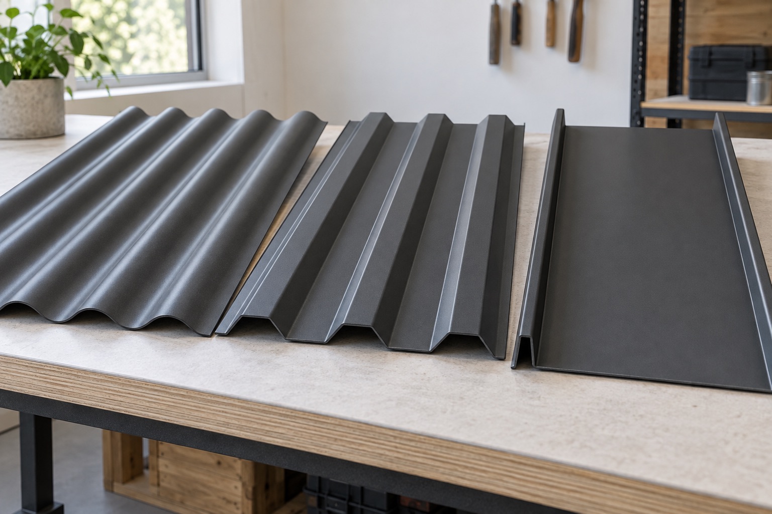Three charcoal metal roof profiles displayed side by side