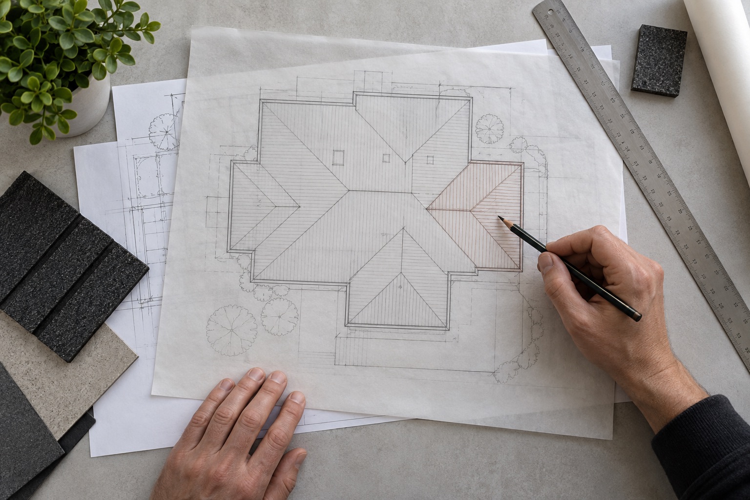 Hands marking a roofing variation on an architectural drawing