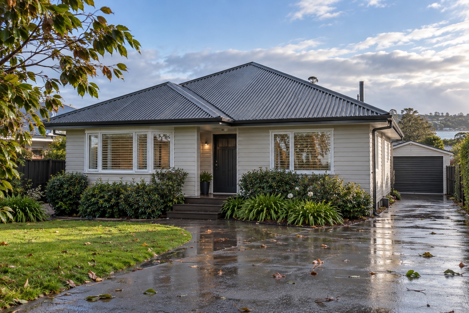 Ground-level view of a metal-roofed house after rainfall