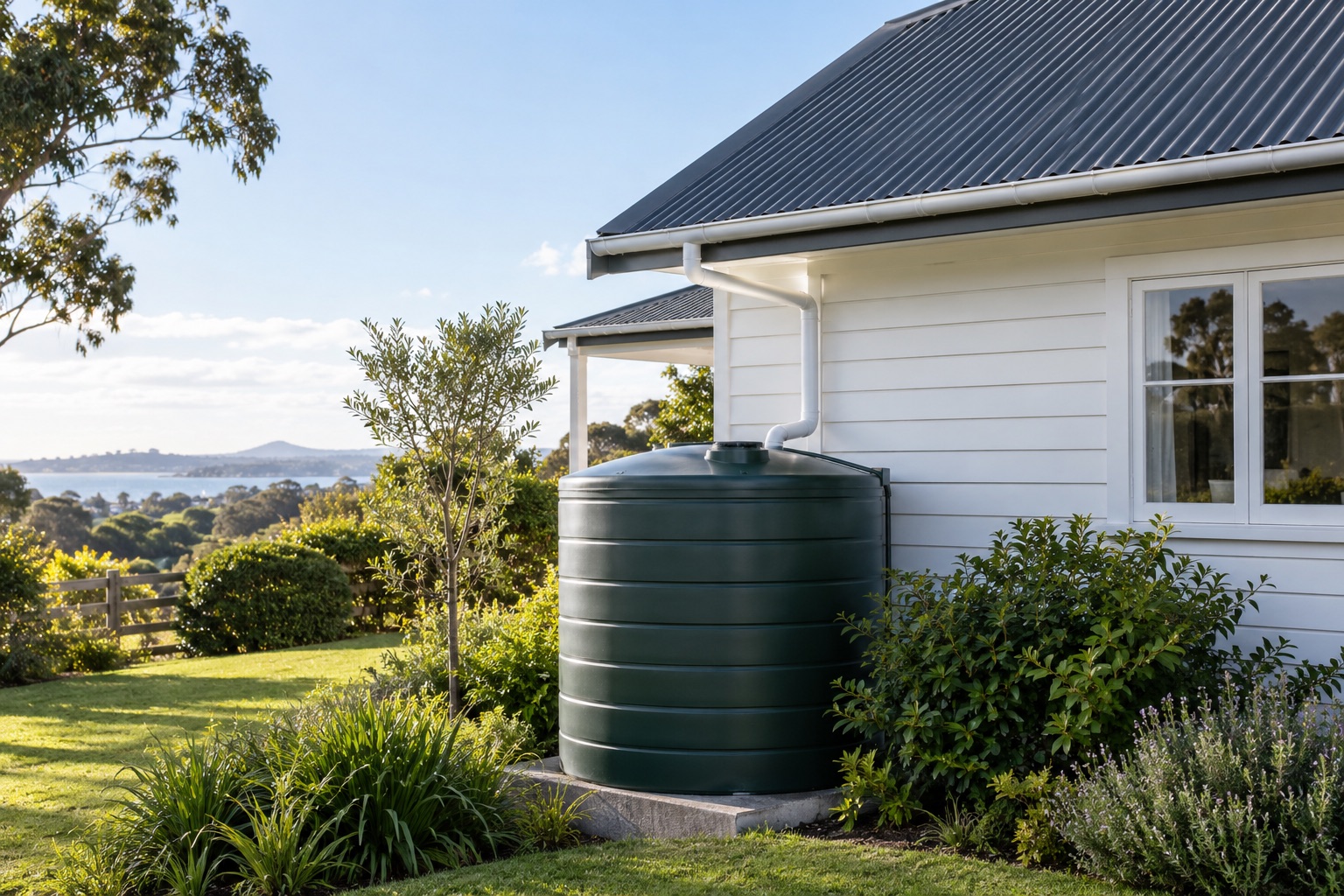 Illustrative New Zealand weatherboard home with a corrugated steel roof and a green rainwater storage tank