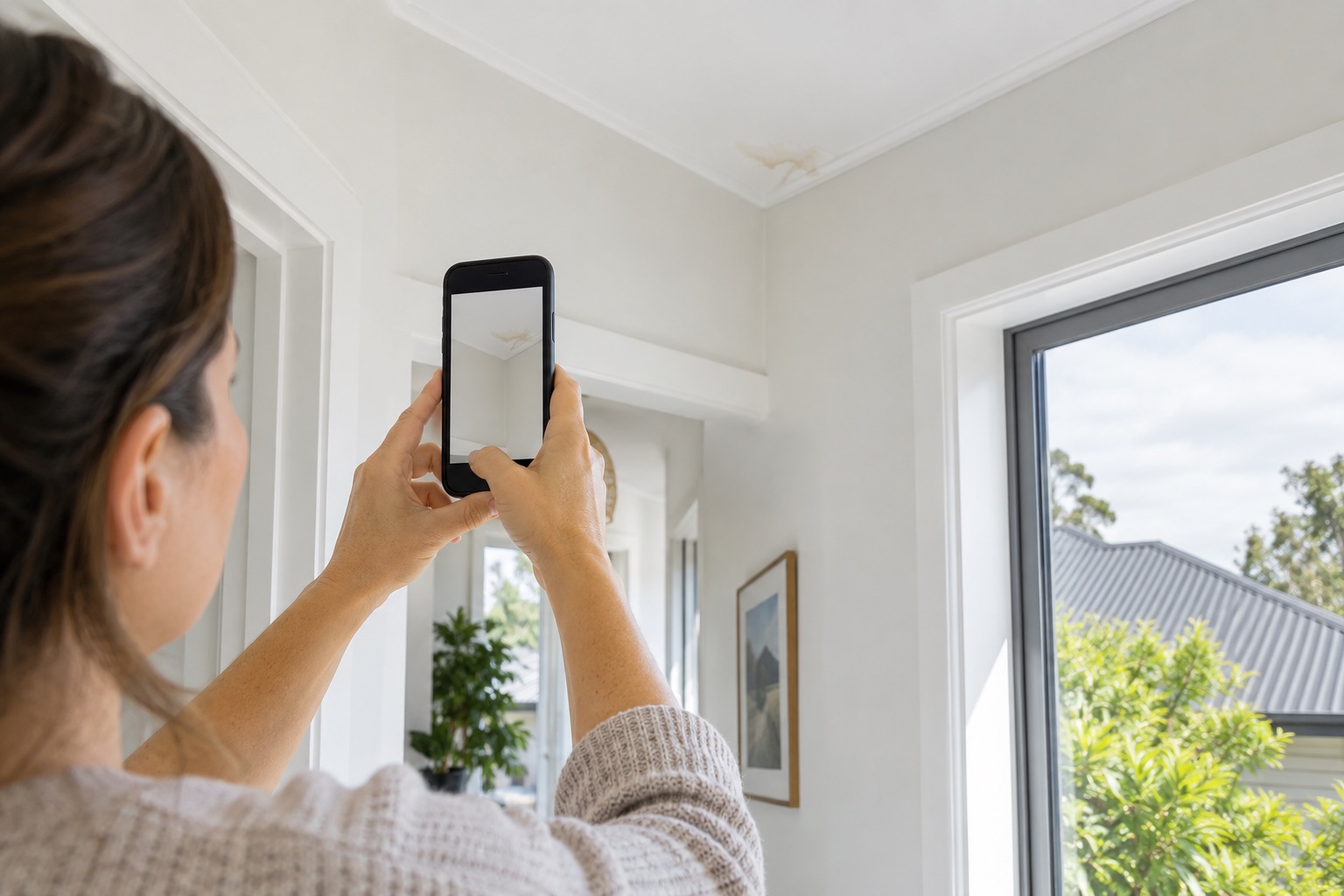 Illustration of a homeowner photographing a ceiling water stain from floor level, with a steel roof visible outside
